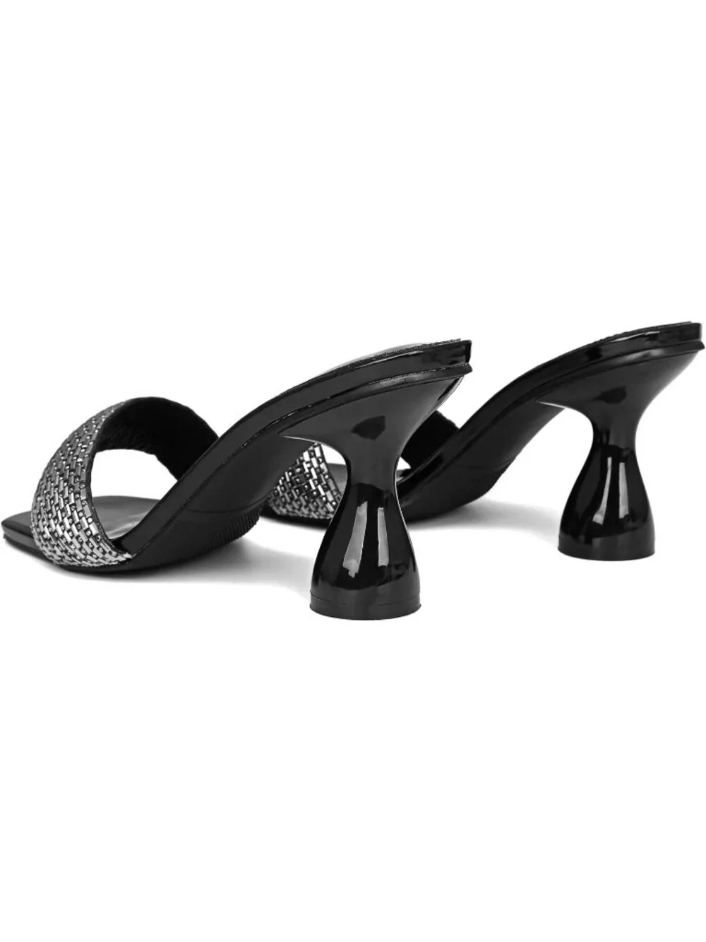 Women's Black Rhinestone Square Open Toe 3.15 IN Square Kitten Heels Sandals